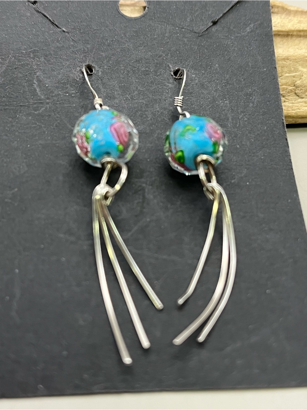 Sterling Silver 925 Lampwork Glass Floral Dangle Earrings Blue Pink Artisan